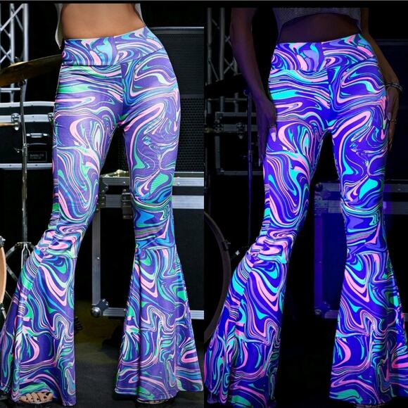 XL Retro Stretchy Pants Blacklight Trippy Rave Festival Flares - Picture 1 of 10